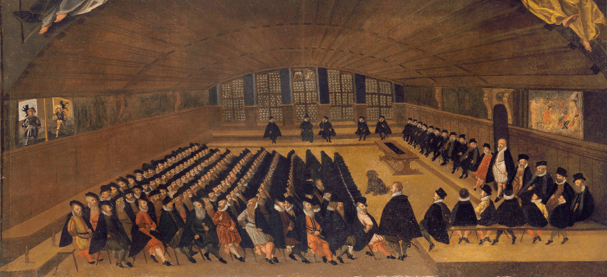 Anonyme, Réception d’un ambassadeur par le Conseil de Berne dans la salle du Grand Conseil de l’Hôtel de Ville de Berne, vers 1584 (?), huile sur toile © BHM