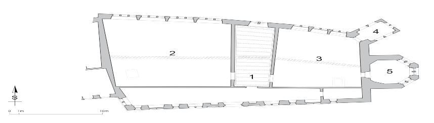 Reconstitution du plan du premier étage au début du XVIe siècle : 1. salle des huissiers 2. salle des Deux-Cents 3. salle du Petit Conseil 4. chambre du Trésor de guerre 5. 1er étage de la tour de l’Horloge © SAEF / SBC