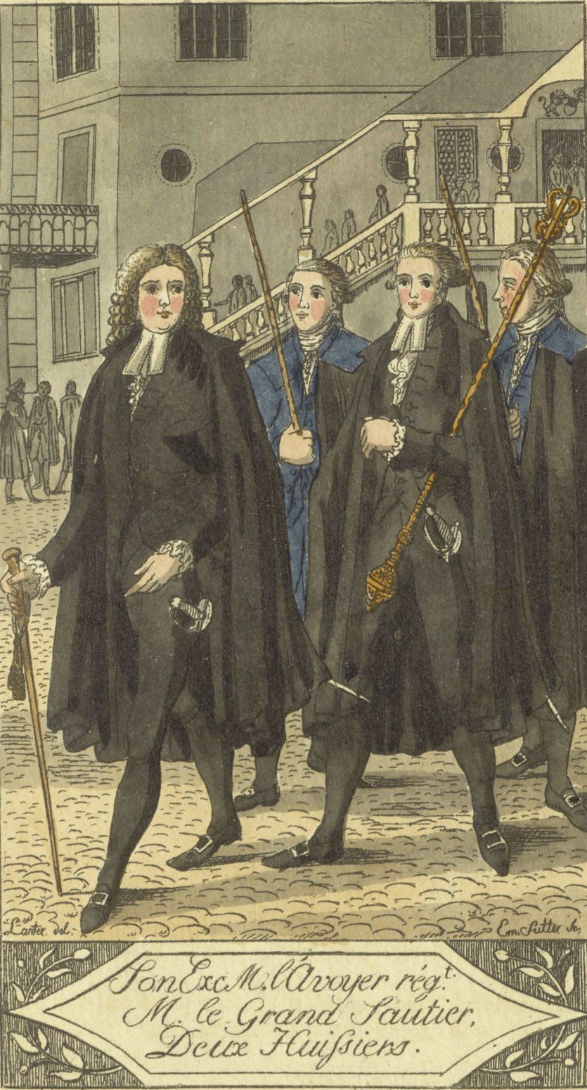 Emmanuel Sutter, Ignace Lanther, L’avoyer régnant quitte l’Hôtel de Ville, suivi du grand sautier et de deux huissiers, 1809, eau-forte © MAHF